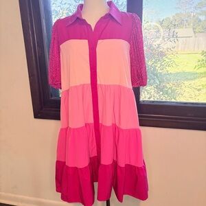 TCEC Los Angeles Pink Tiered Button Front Dress Size Large Sequin Sleeve